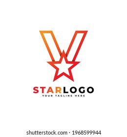 Letter V star Logo Linear Style, Orange Color. Für Gewinner, Prämien und Premium-Logos geeignet.