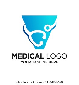 Letter V Stethoscope Logo Design Template Inspiration, Vector Illustration.