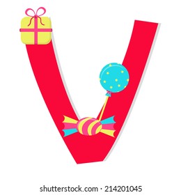 Letter "v" from stylized alphabet with candies. Letter "v" from stylized alphabet with candies: lollipop, gift, Candy wrapped. White background.