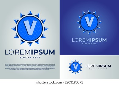 letter V and Sun with waves Logo design vector illustration template. badge logo. Sun logo design template. badge logo