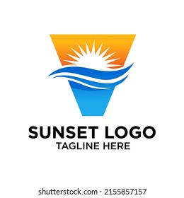 Ilustración de la plantilla de diseño del logotipo de la carta V Sunset, con vectores.