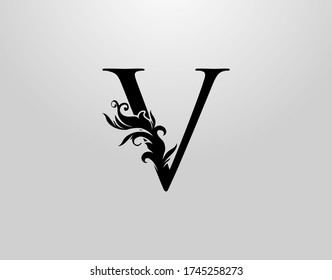 Letter V Swirl Logo. Classic V Letter Design Vector with Black Color and Floral Hand Drawn.