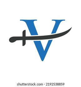 Letter V Swords Logo Vektorvorlage. Swords-Symbol für Schutz und Datenschutz-Symbol