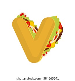 Letter V tacos. Mexican fast food font. Taco alphabet symbol. Mexico meal ABC