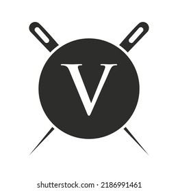 Logotipo de letra V sastre, combinación de aguja y hilo para bordado, textil, de moda, de tela, plantilla de tela
