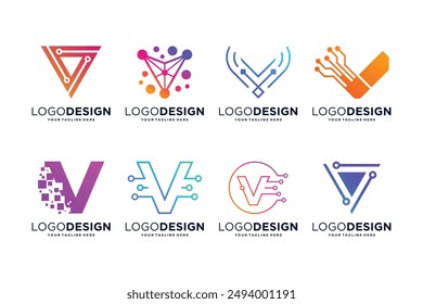 Diseño de logotipo de tecnología Letter V. Concepto de logotipo digital, conexión y ciencia