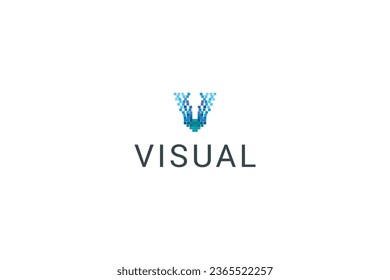 Letter V technological pixel distortion data security virtual logo