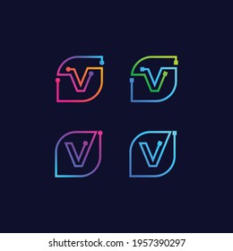 Letter V Technology and Digital Connection logo with Leaf and Dots tech sign, nature and eco symbol for your Corporate identity