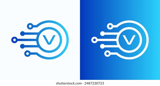 Letter V technology logo with circle and circuit board lines for digital, data, connection in blue gradient color