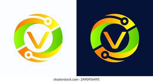 Letter V technology logo with circles and circuit board lines with letter V inside for digital, data, connection in green and orange gradient colors