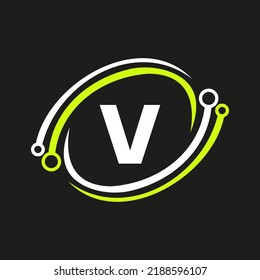 Letter V Technology Logo Combine With Technology Cable Vector Template