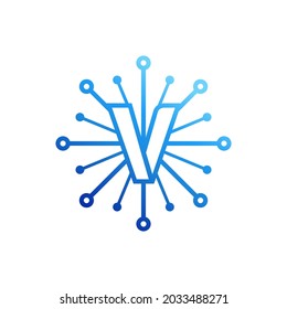 Diseños de logotipo de tecnología Letter v, vector de diseño de logotipo de red de puntos de conexión Letter v.