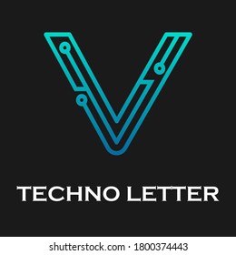 Letter v technology logo template. Technology abstarct dot and gradient blue color. suitable for industry, web, computer, network, app, mobile, medical media, electric, energy etc
