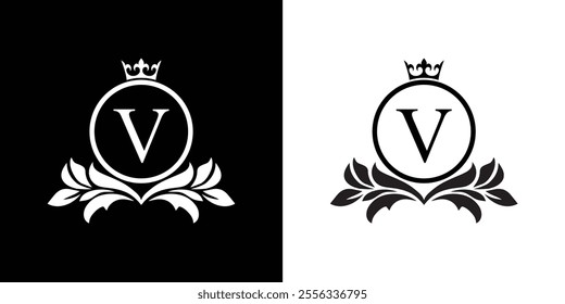 letter V template logo Luxury letter with crown. Monogram alphabet . Beautiful royal initials letter.	