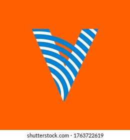 Letter V texture of curved lines in white and blue on orange background for party, editable vector