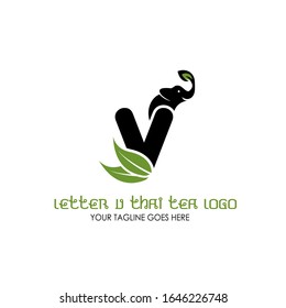 Letter V Thai Tea Vector Logo Design Inspiration for Thai Tea House and Café. Elephant Logo with Tea Leaves Vector Illustration Isolated on White Background