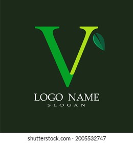 letter V theme logo with a combination of leaves, nature theme, green

