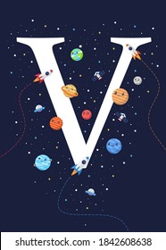 The letter V with the theme of outer space for Children. Letter graphic vector illustration for kids on outer space theme. space kids, letters for children.