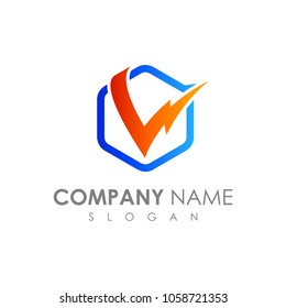Letter V Thunder In Hexagonal, Logo Template Ready For Use,