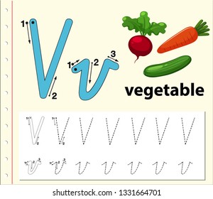 Letter V tracing alphabet worksheets illustration