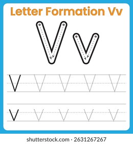 Letter V Tracing Worksheet for Kids – Uppercase and Lowercase Vv Handwriting Practice with Dotted Lines and Stroke Arrows – Preschool Alphabet Learning Printable
