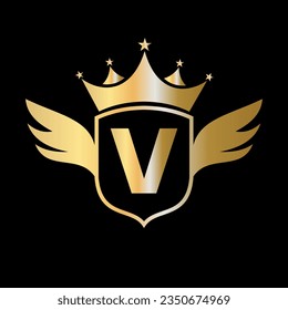 Letter V Transportation Logo With Wing, Shield And Crown Icon. Wing Logo On Shield Symbol