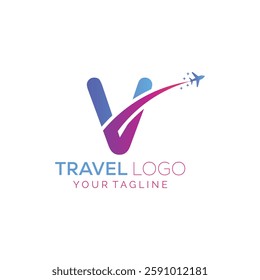 Letter V Travel Logo Design with plane. Icon of V for travel agency logo design.