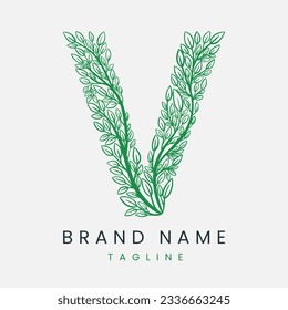 Letter V Tree Branch, Formed From Twigs Leaves Logo Design
