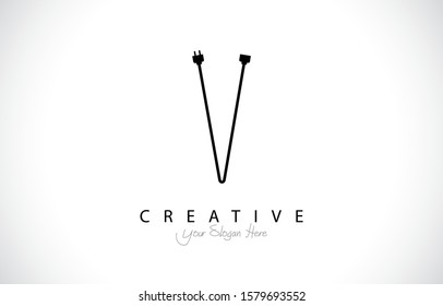 Letter V Tropical Design Logo Concept. Creative Icon Logo with Wire Plug and Socket Vector Illustration.