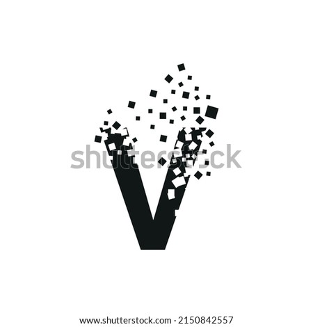 The letter V turns into a cloud of squares of different sizes.