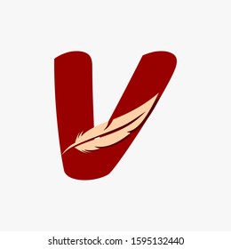 Letter V with typography with feather