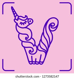 Letter "V" unicorn. Written by unicorns. Letter in the style of the unicorn. Fairytale font. Trend print on a T-shirt. Printable Unicorn Colouring Pages. Metal pin. Unicorn alphabet.