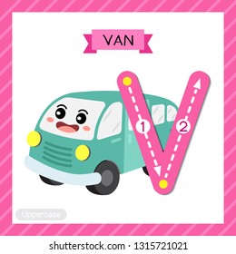 Letter V uppercase cute children colorful transportations ABC alphabet tracing flashcard of Van for kids learning English vocabulary and handwriting Vector Illustration.