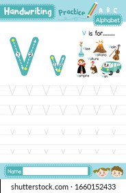 Letter V uppercase and lowercase cute children colorful ABC alphabet trace practice worksheet for kids learning English vocabulary and handwriting layout in A4 vector illustration.