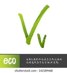 Letter V, Uppercase And Lowercase Variants. Green leaf textured alphabet, vector.