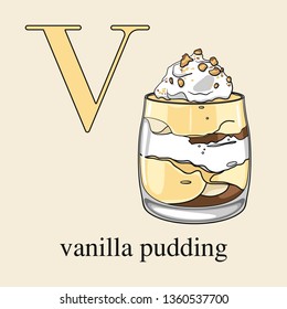 Letra V con pudín de vainilla. Alfabeto inglés ilustrado con dulces.