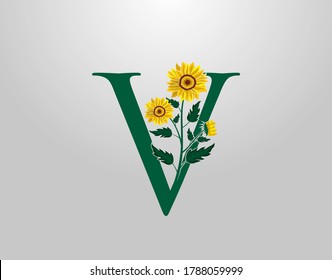 Buchstabe V Vektor-Alphabet mit Sonnenblumen. Symbol für Blumenpflanzenlogo Typografie-Design