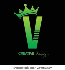 letra "V" diseño vectorial con corona, fondo verde