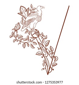 Letter V. Vector letter engraving style with flower and animal. Sketch hand drawn vintage