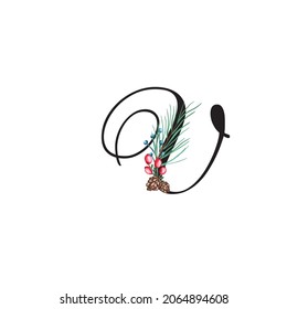 Letter V, Vektorgrafik für Feiertage mit Baumzweigen und -kegel. Blumenalphabet frohe Weihnachten. Monogram-Initialen eignen sich hervorragend für Grußkarten, Logos, Poster. Einzeln auf weißem Hintergrund 