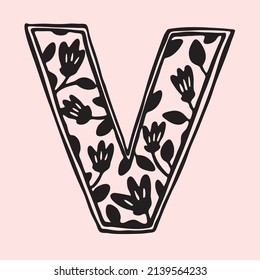 Letter v vector. Line art Lettering print. Alphabet poster wall. Logo Hand drawn. Lettering sketch. Vintage poster.