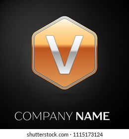 Letter V vector logo symbol in the golden hexagonal on black background. Vector template for your design