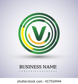 Letter V vector logo symbol in the circle thin line colored green and yellow. Design for your business or company identity.