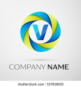 Letter V vector logo symbol in the colorful circle on grey background. Vector template for your design