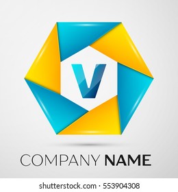 Letter V vector logo symbol in the colorful circle on grey background. Vector template for your design