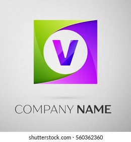 Letter V vector logo symbol in the colorful square on grey background. Vector template for your design