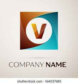 Letter V vector logo symbol in the colorful square on grey background. Vector template for your design