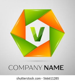 Letter V vector logo symbol in the colorful circle on grey background. Vector template for your design