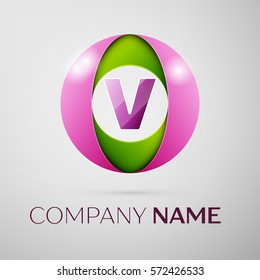 Letter V vector logo symbol in the colorful circle on grey background. Vector template for your design