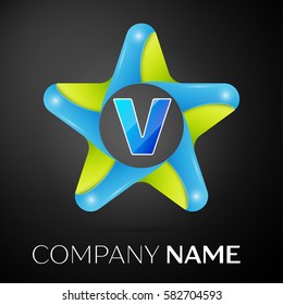 Letter V vector logo symbol in the colorful star on black background. Vector template for your design